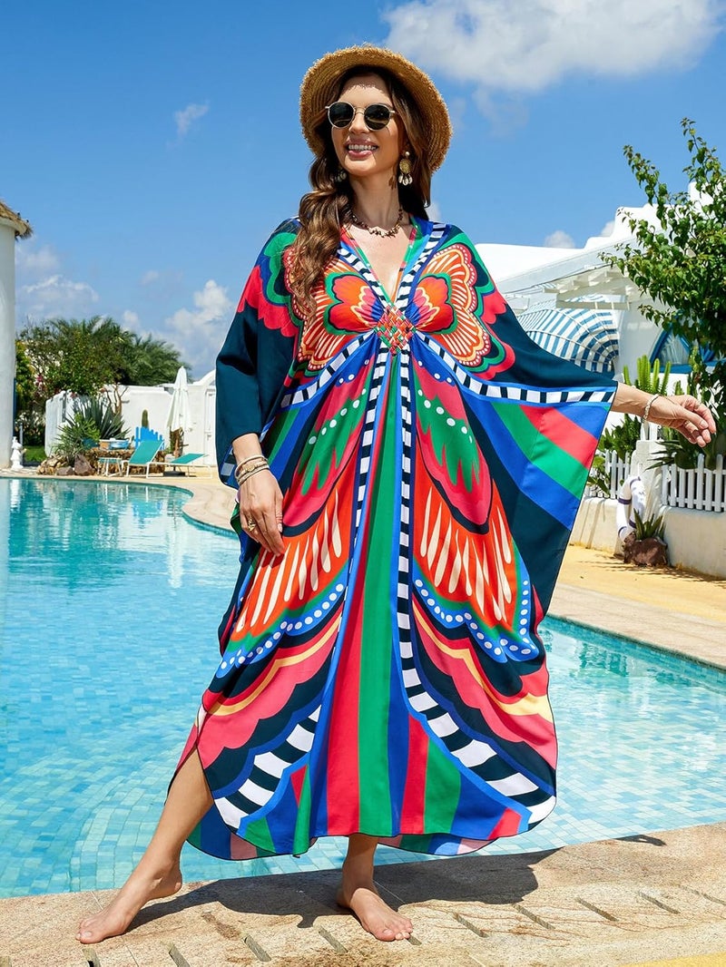 IMAGEKOPE Women's Plus Size Animal Print V-Neck Batwing Kaftan Beach Dress Bathing Suit Cover-Up Loungewear - Image 5